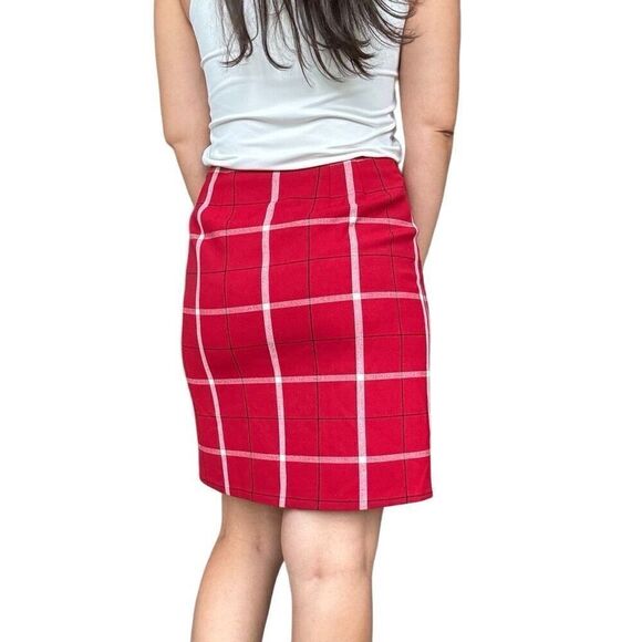 New Ann Taylor Red Window Panel Plaid Pencil Skirt Size Petite 6P Fall Winter - Picture 3 of 6